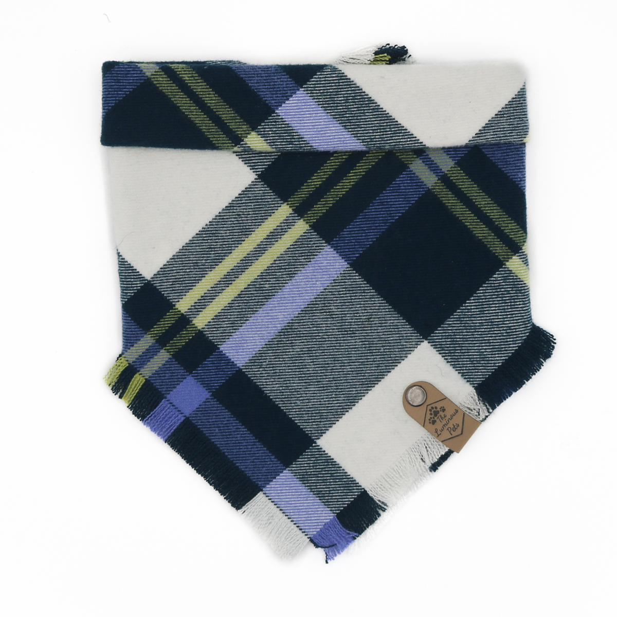 Blue, white, green, purple plaid snap on pet bandana by The Luminous Pets _ Cannon Beach Design