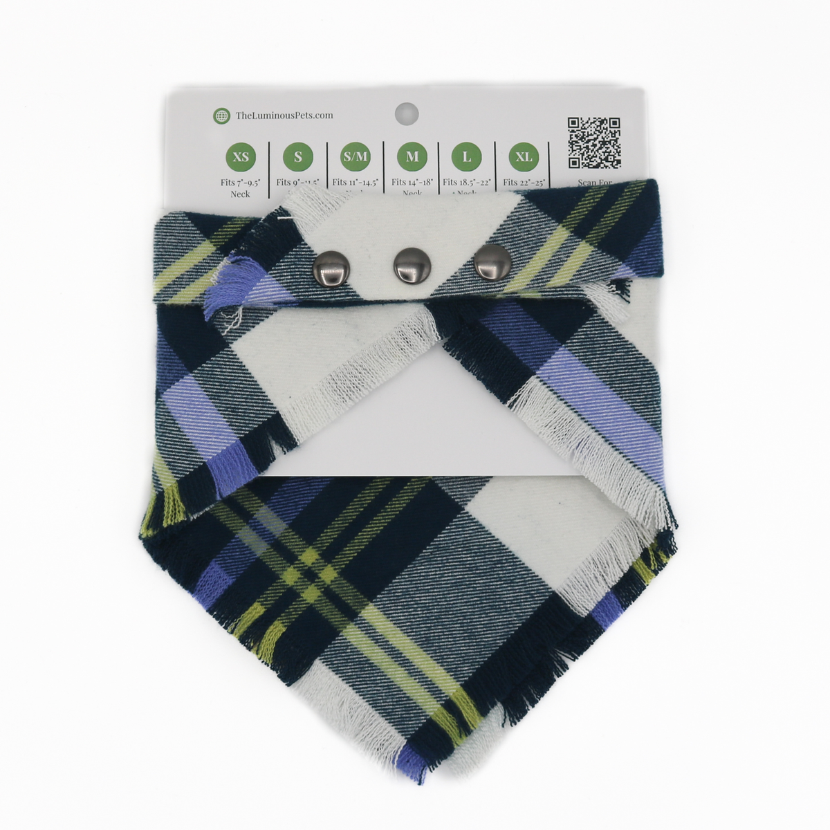 Blue, white, green, purple plaid snap on pet bandana by The Luminous Pets _ Cannon Beach Design