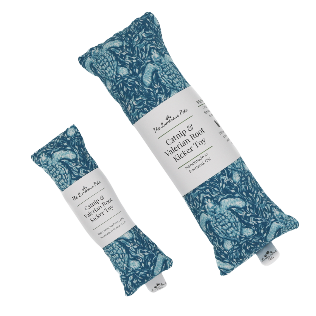 organic catnip with valerian root cat toy with blue seat turltes by Luminous Pets