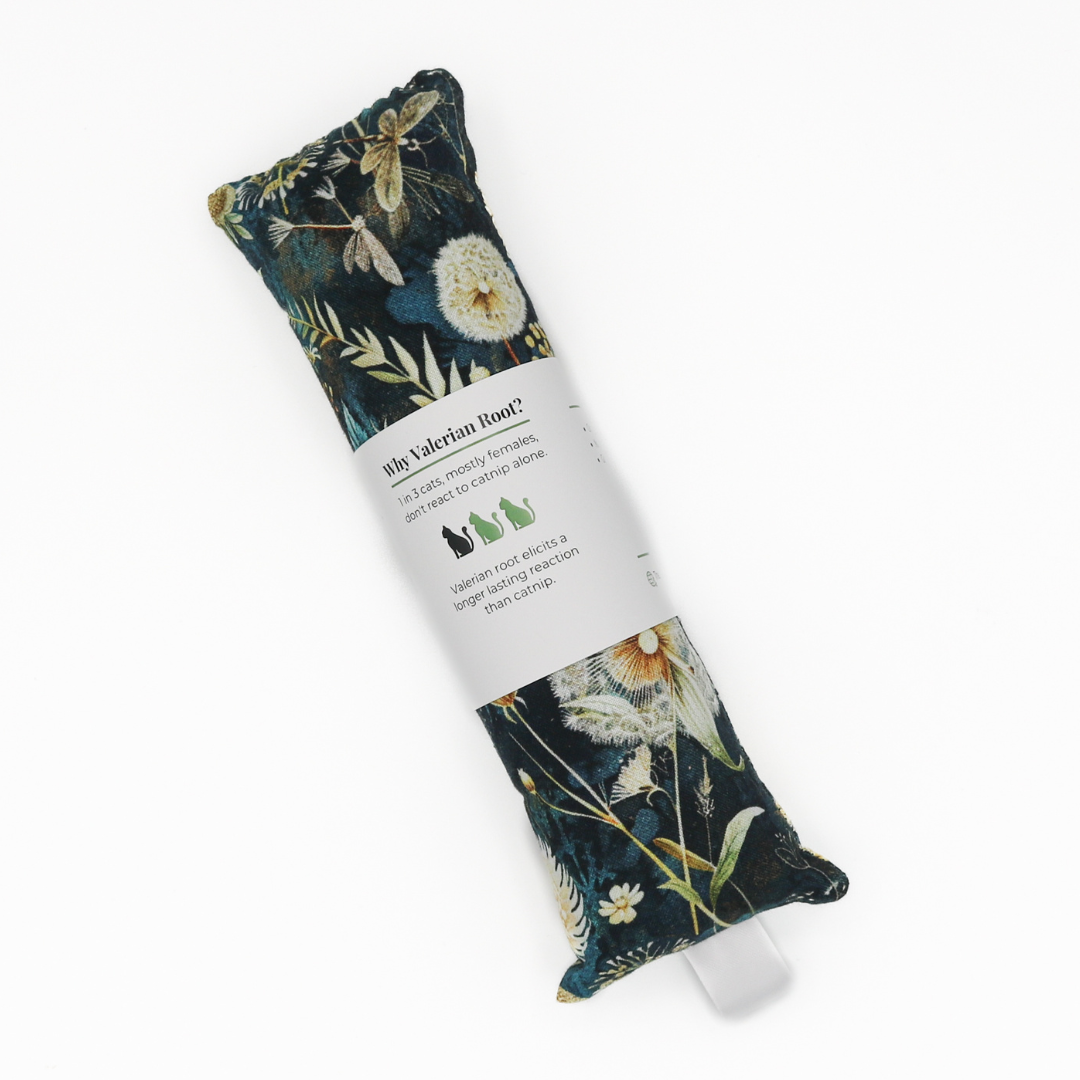 Autumn floral and dandelions catnip with valerian root kicker cat toy by The Luminous Pets