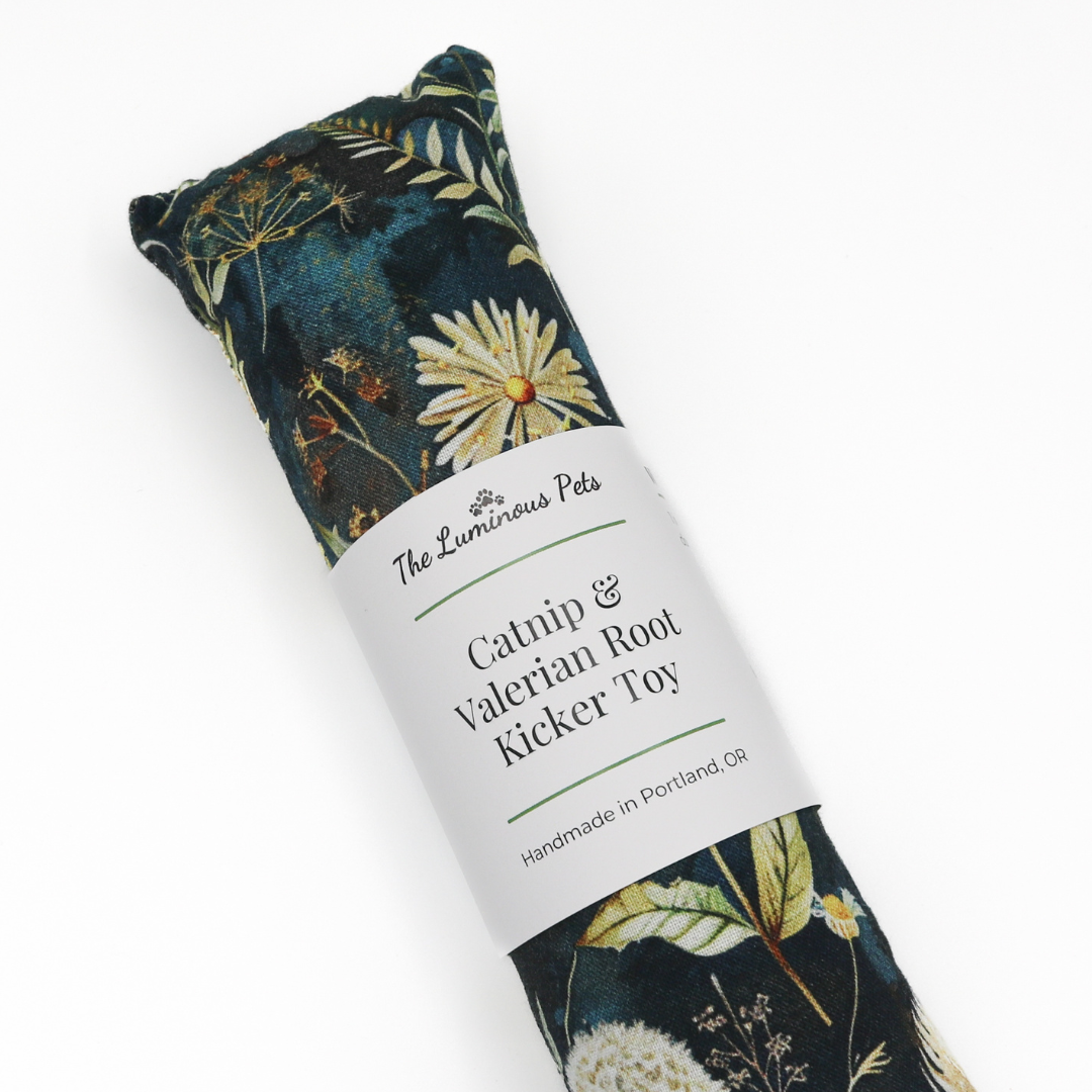 Autumn floral and dandelions catnip with valerian root kicker cat toy by The Luminous Pets