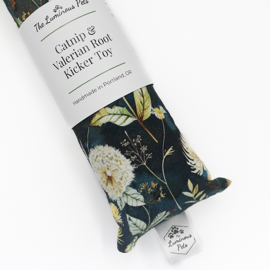 Autumn floral and dandelions catnip with valerian root kicker cat toy by The Luminous Pets