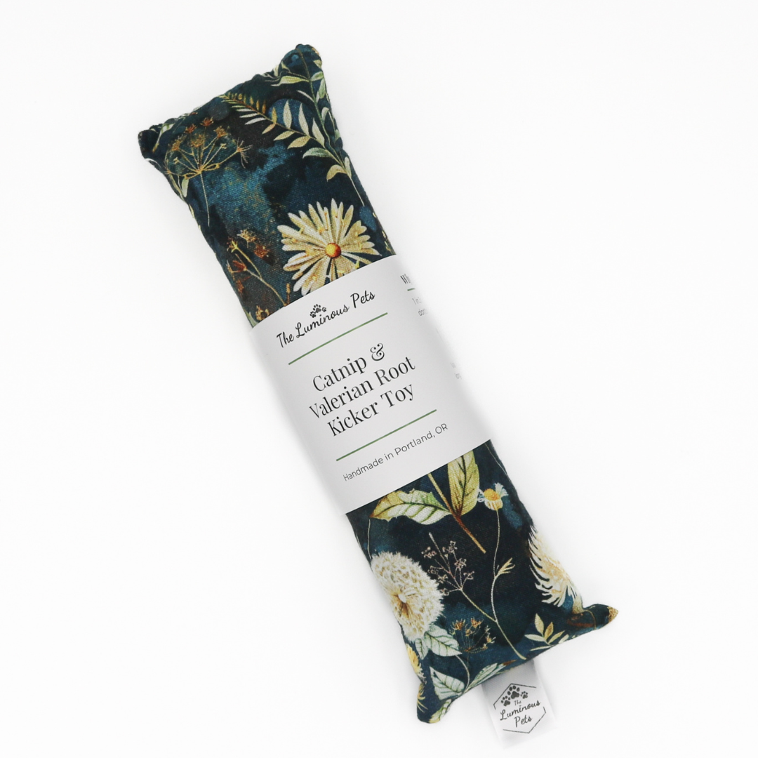 Autumn floral and dandelions catnip with valerian root kicker cat toy by The Luminous Pets