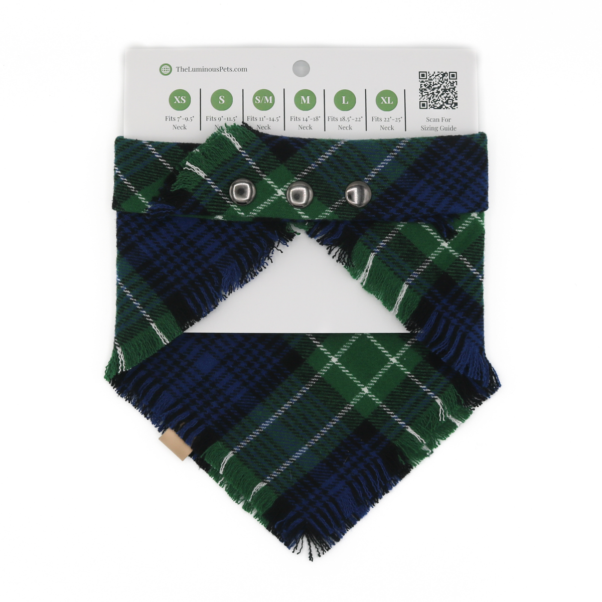 Green and navy blue plaid snap on bandana for pets by The Luminous Pets | Bellingham