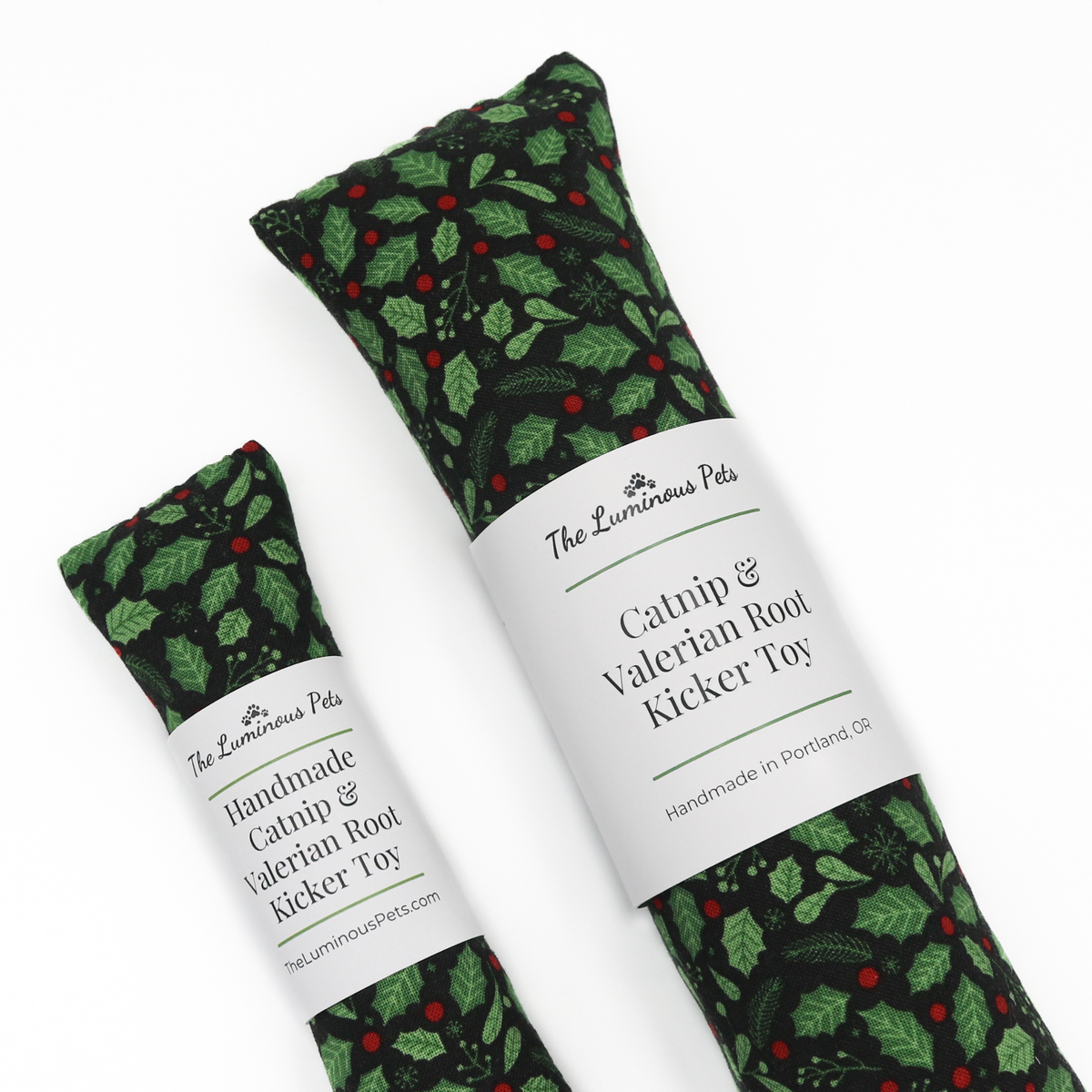 Organic catnip with valerian root cat toy by The Luminous Pets | Holly berries and branches on black