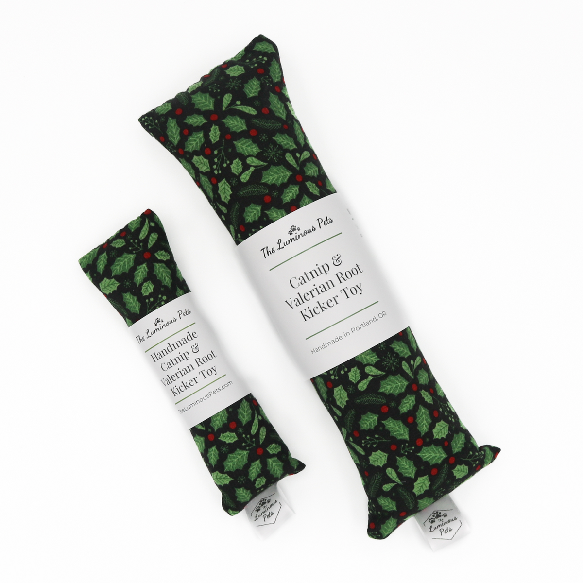 Organic catnip with valerian root cat toy by The Luminous Pets | Holly berries and branches on black