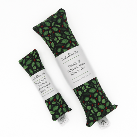 Organic catnip with valerian root cat toy by The Luminous Pets | Holly berries and branches on black