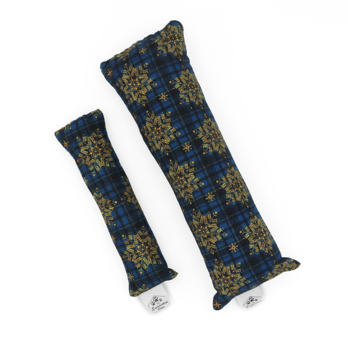 Organic catnip with valerian root cat toys by The Luminous Pets | Golden snowflakes on plaid for winter / Christmas