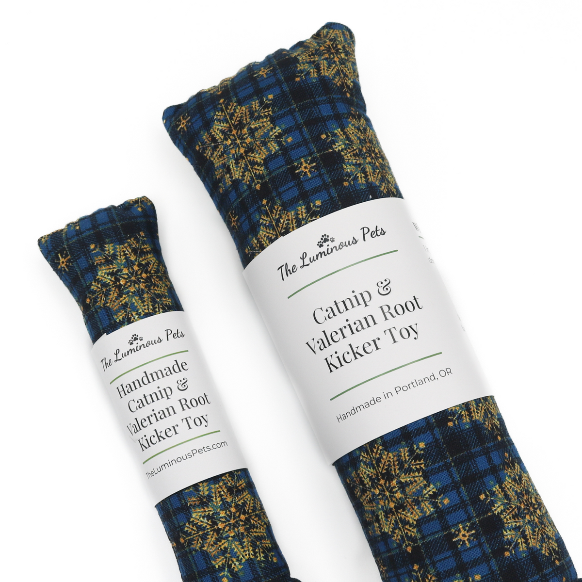 Organic catnip with valerian root cat toys by The Luminous Pets | Golden snowflakes on plaid for winter / Christmas