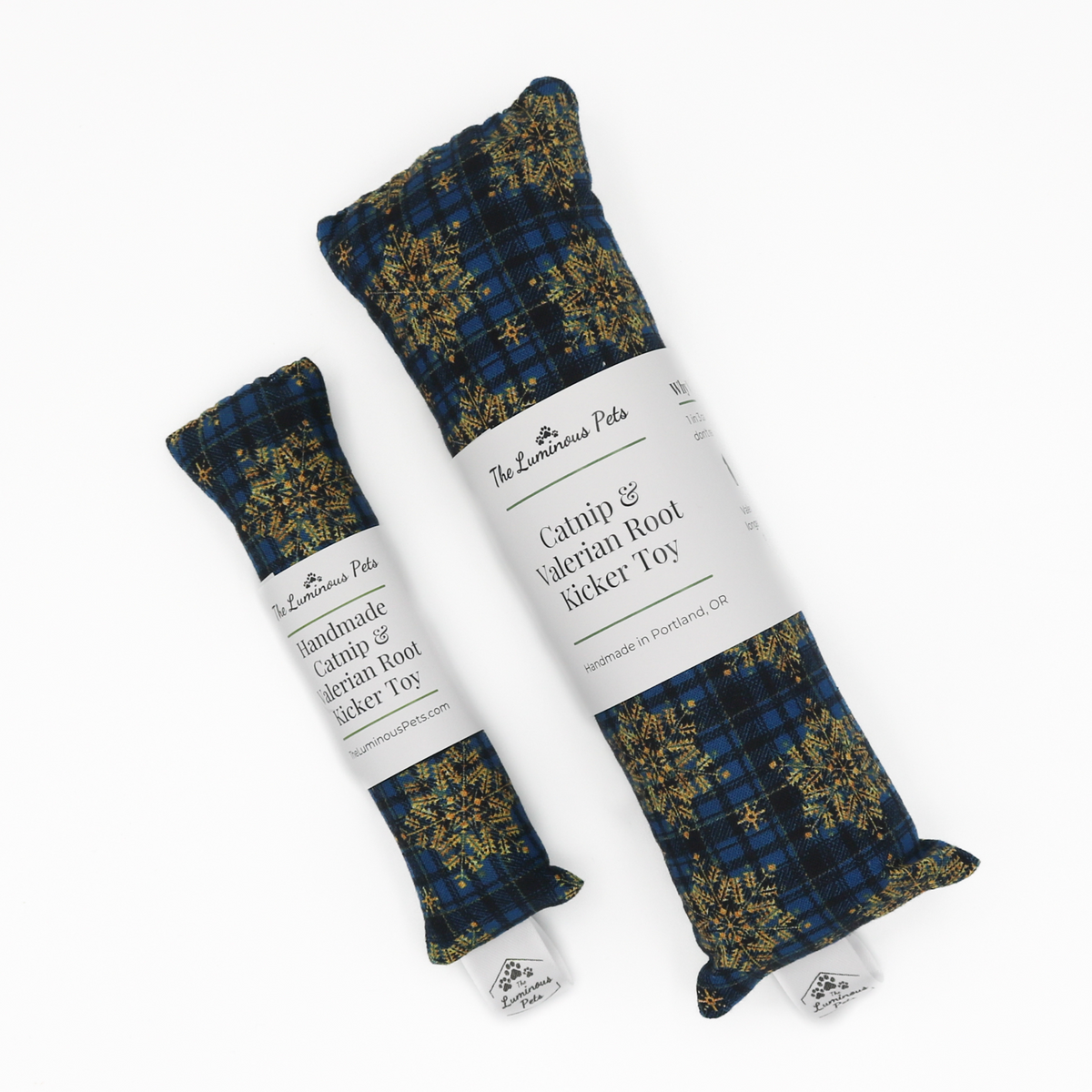 Organic catnip with valerian root cat toys by The Luminous Pets | Golden snowflakes on plaid for winter / Christmas
