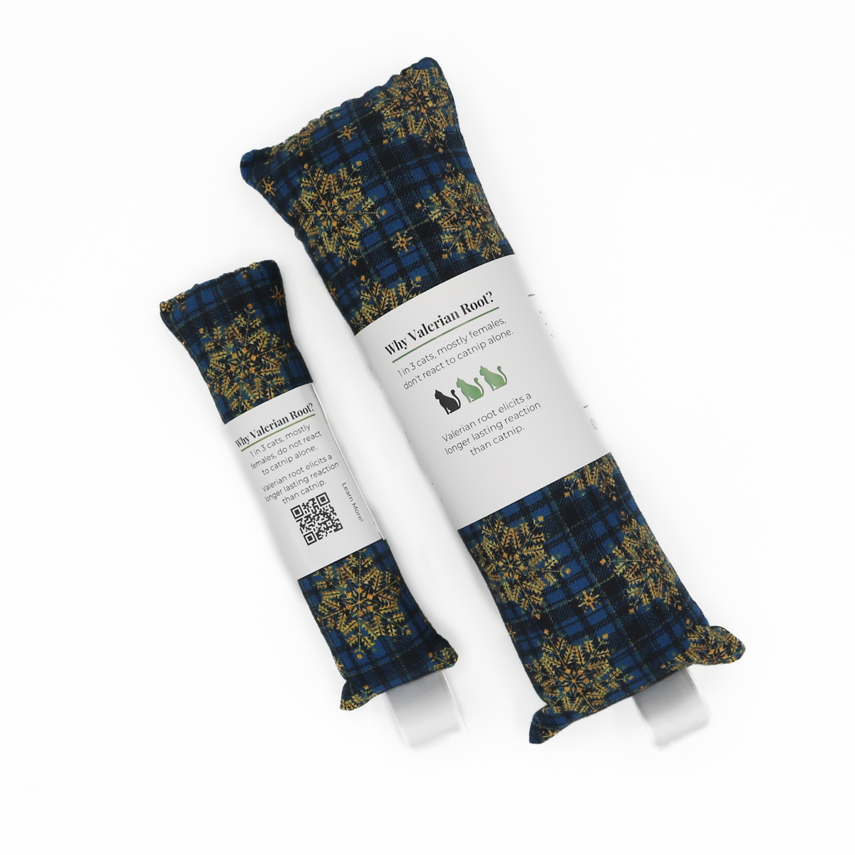 Organic catnip with valerian root cat toys by The Luminous Pets | Golden snowflakes on plaid for winter / Christmas