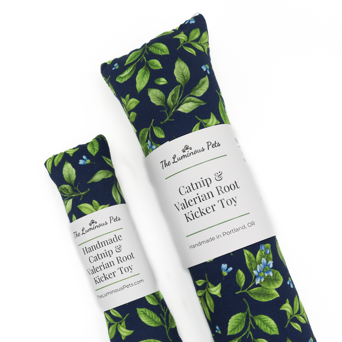 organic catnip with valerian root cat toy by The Luminous Pets Lemon leaves and flowers on navy blue