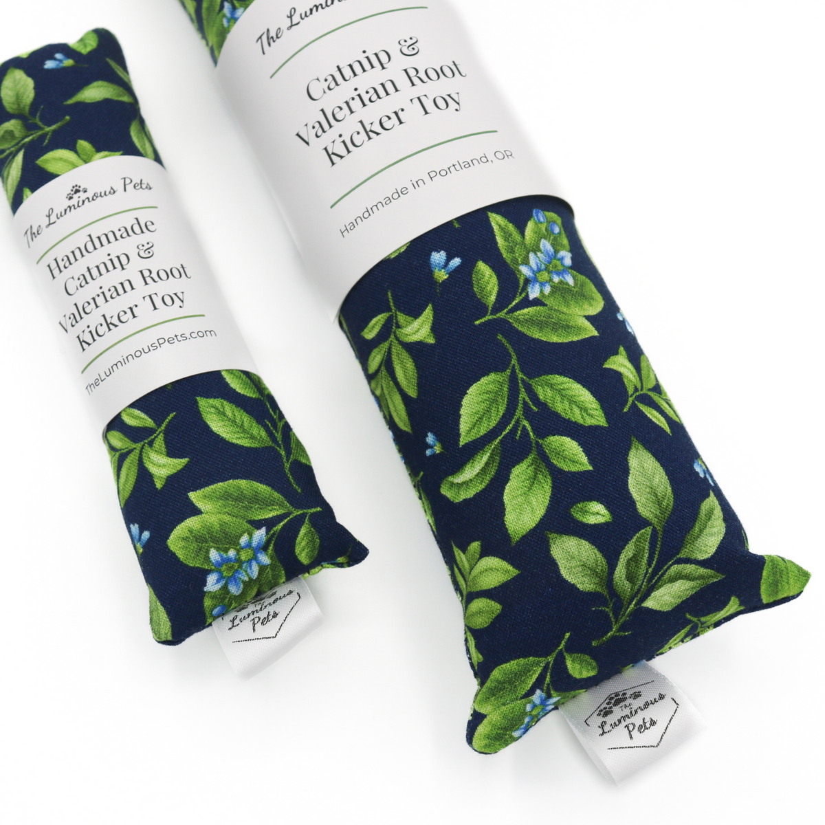 organic catnip with valerian root cat toy by The Luminous Pets Lemon leaves and flowers on navy blue