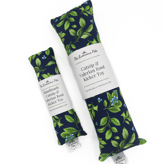 organic catnip with valerian root cat toy by The Luminous Pets Lemon leaves and flowers on navy blue