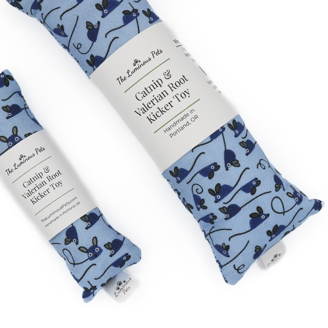 organic catnip with valerian root cat toy with blue mice by Luminous Pets