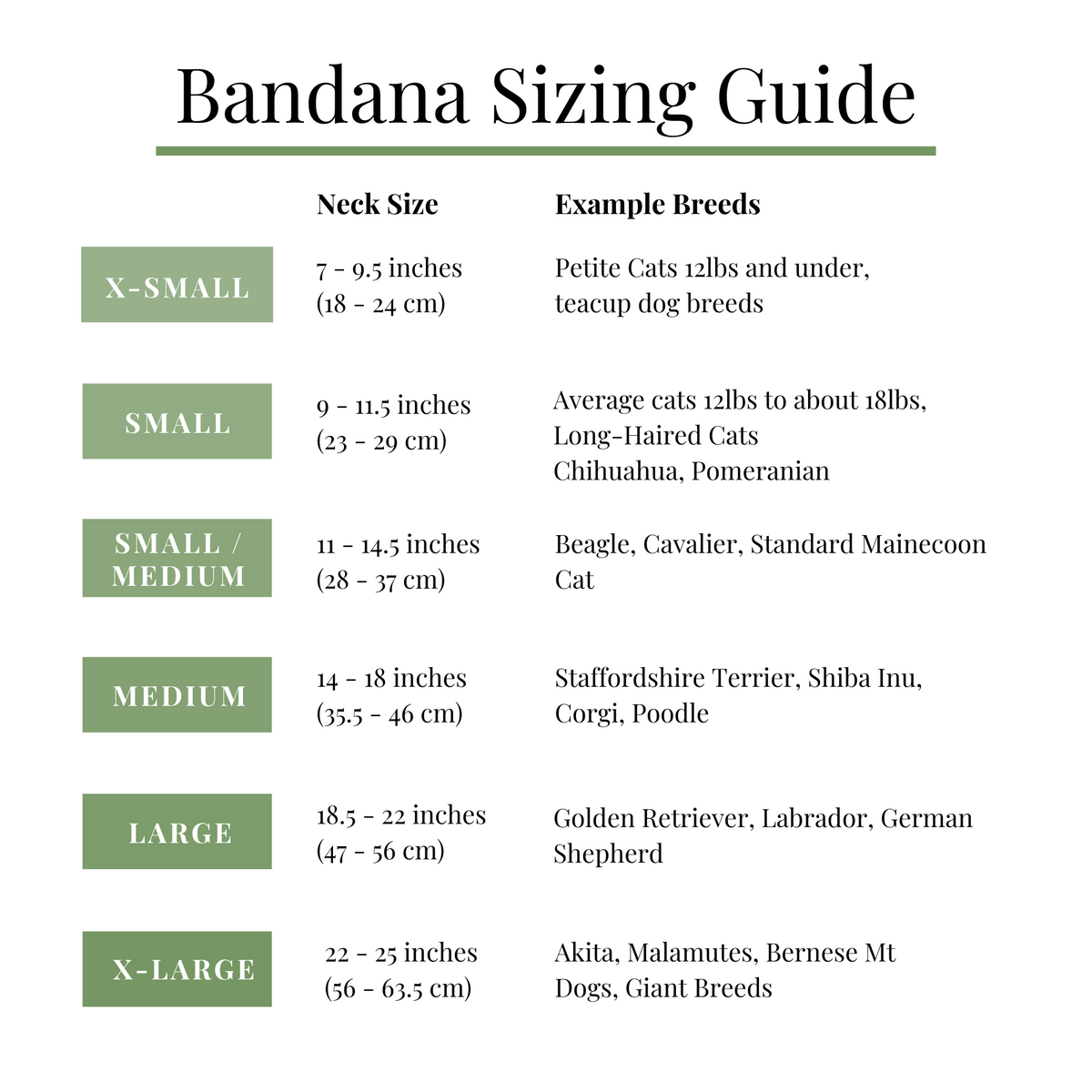 The Luminous Pets Snap on Bandana Sizing Guide for Cats and Dogs