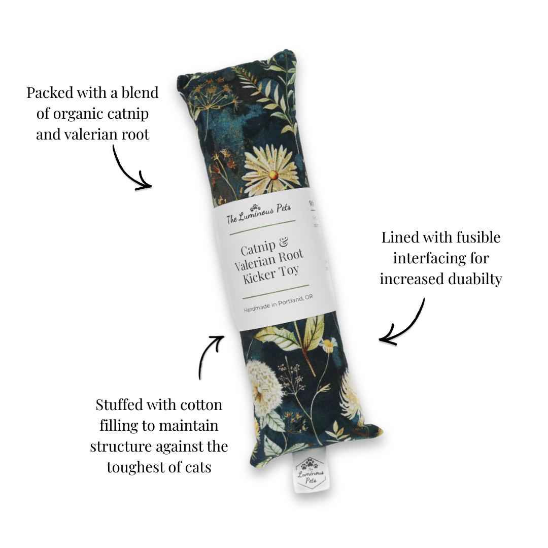 Autumn floral and dandelions catnip with valerian root kicker cat toy by The Luminous Pets