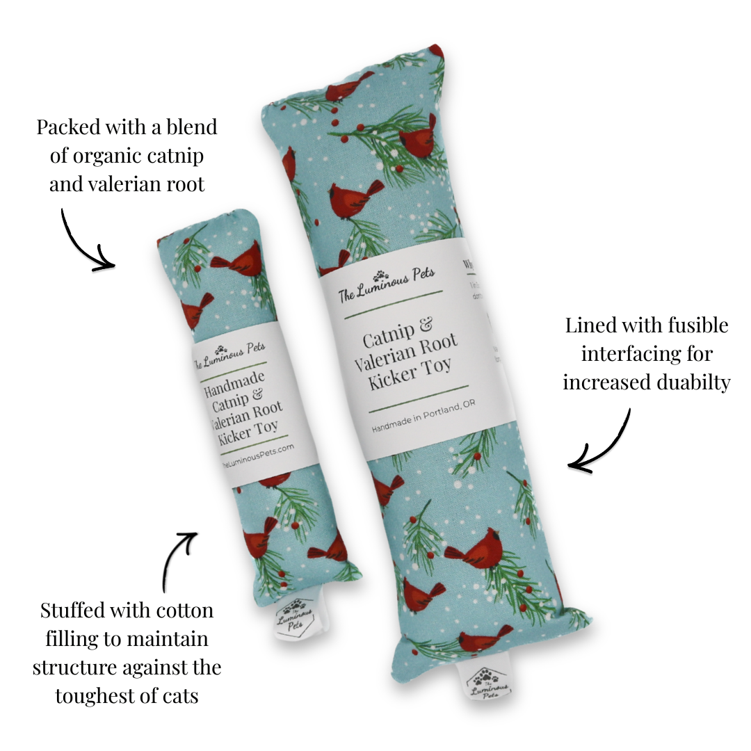 Organic catnip with valerian root cat toy winter red cardinals | Handmade by The Luminous Pets