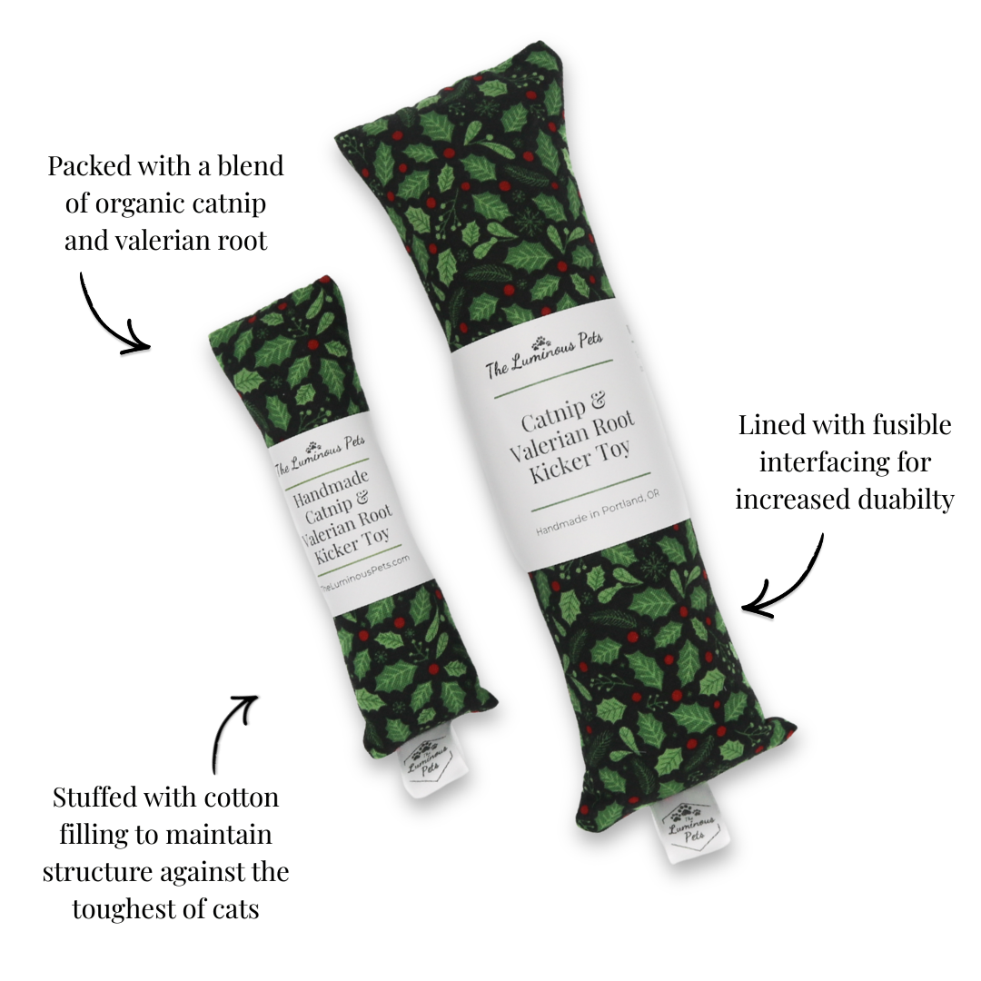 Organic catnip with valerian root cat toy by The Luminous Pets | Holly berries and branches on black