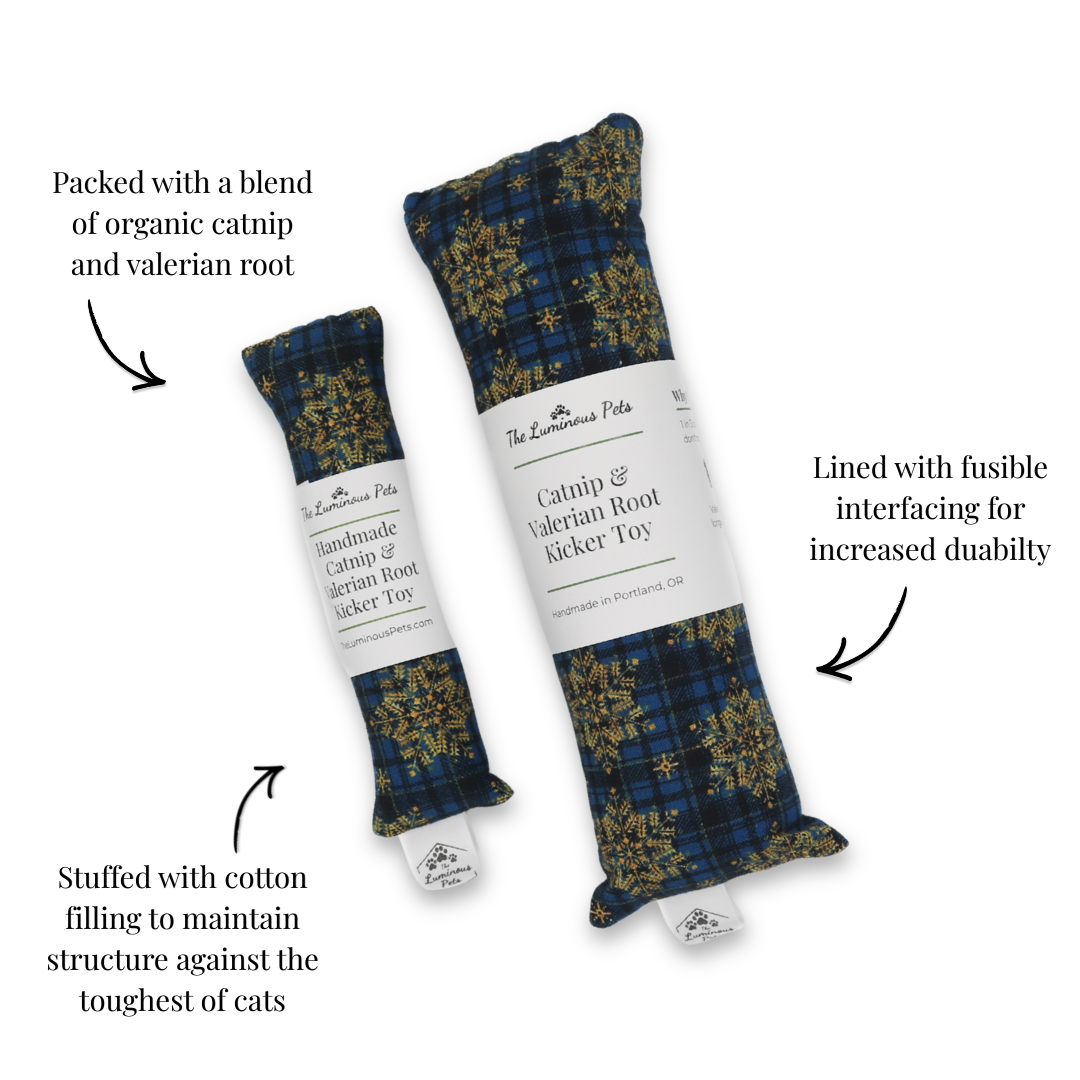 Organic catnip with valerian root cat toys by The Luminous Pets | Golden snowflakes on plaid for winter / Christmas