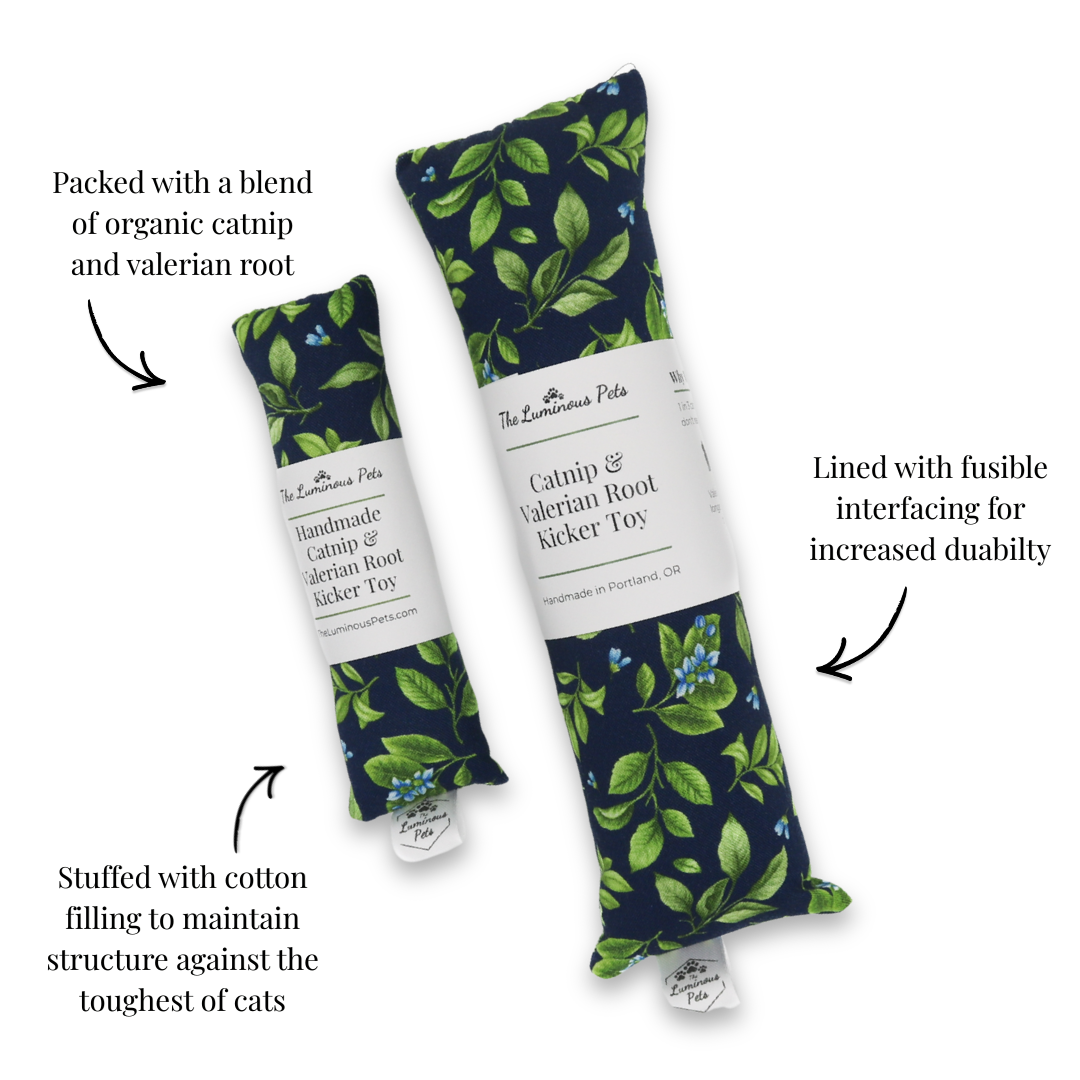 organic catnip with valerian root cat toy by The Luminous Pets Lemon leaves and flowers on navy blue