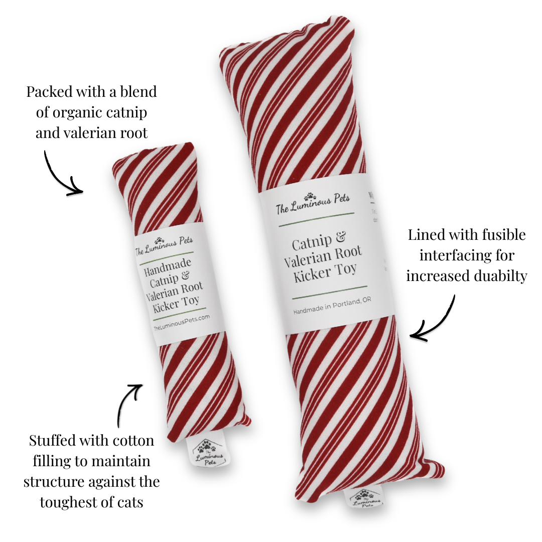 Candy cane stripes catnip with valerian root cat toy by The Luminous Pets