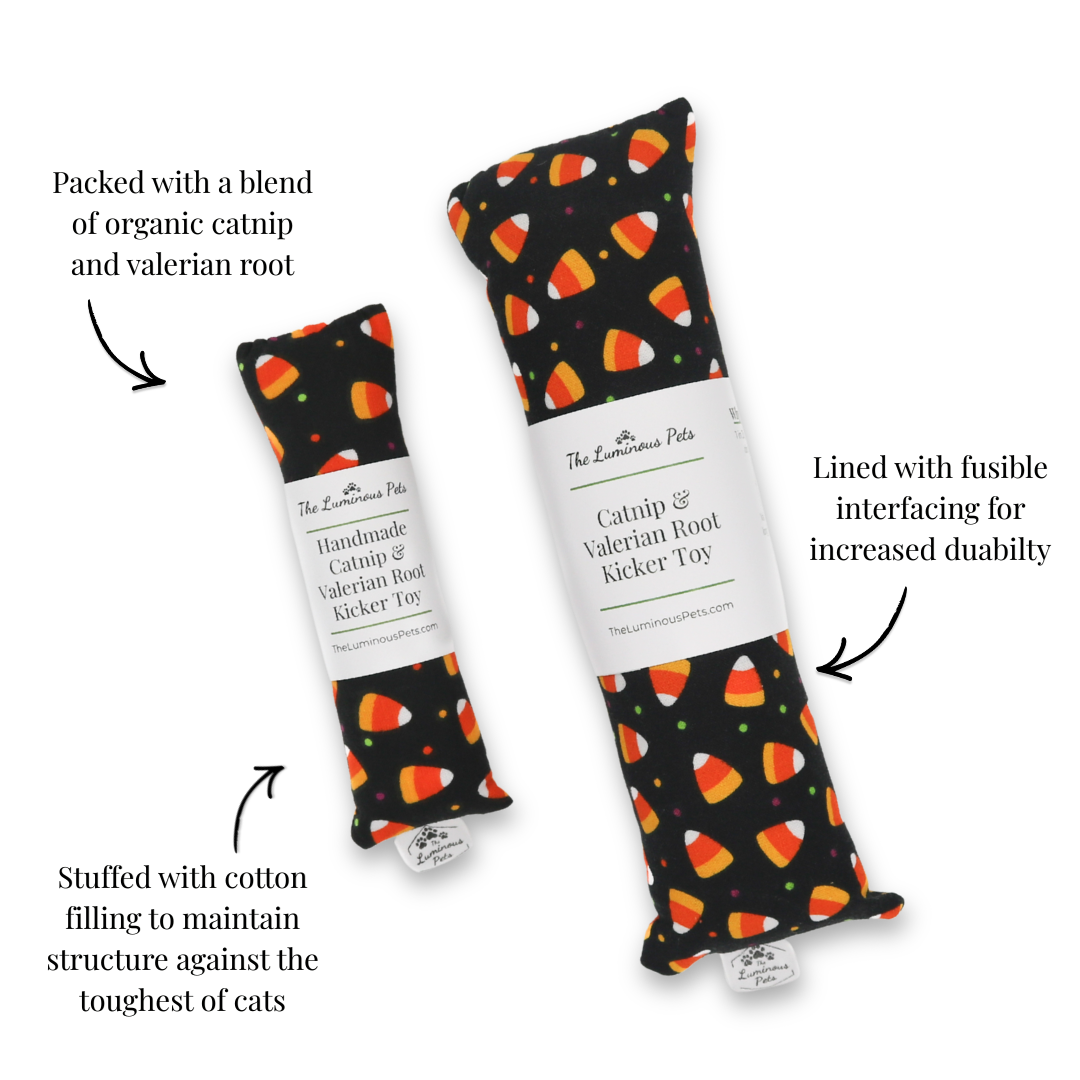 Halloween candy corn cat toy with catnip and valerian root made by The Luminous Pets
