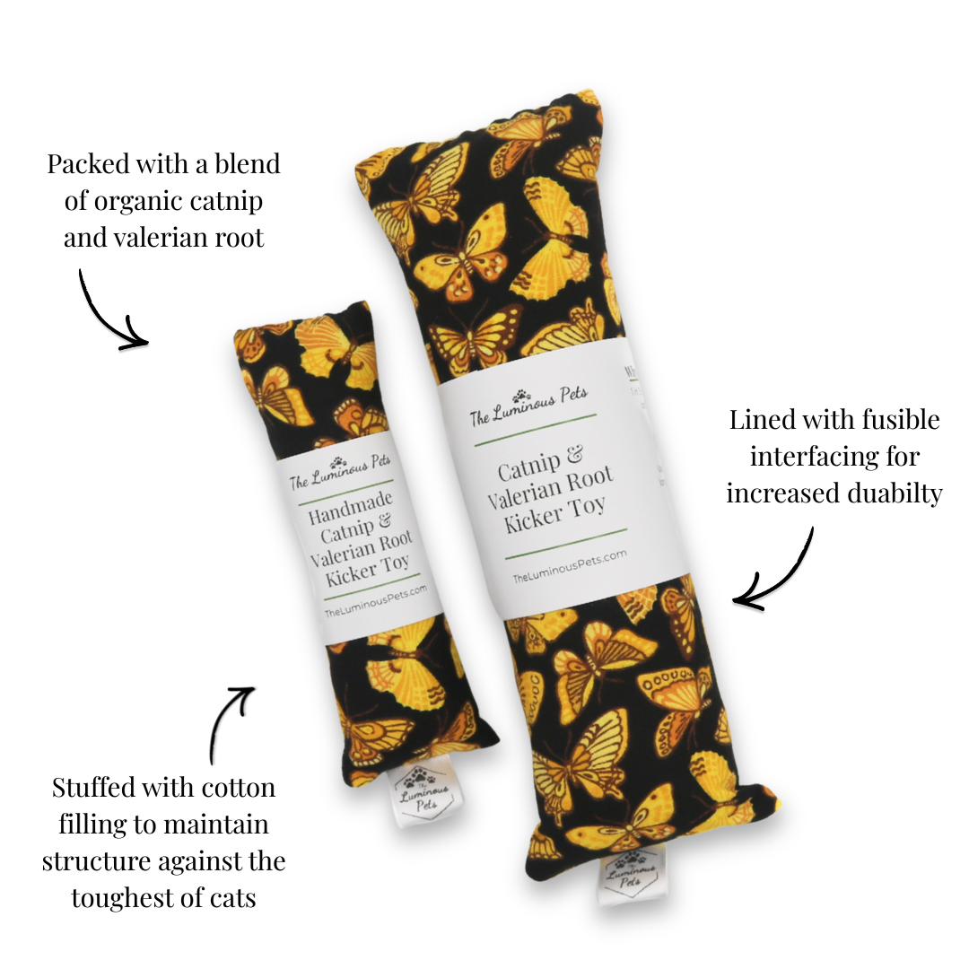 Organic catnip with valerian root cat toy | Handmade by The Luminous Pets | Yellow butterfly moth design