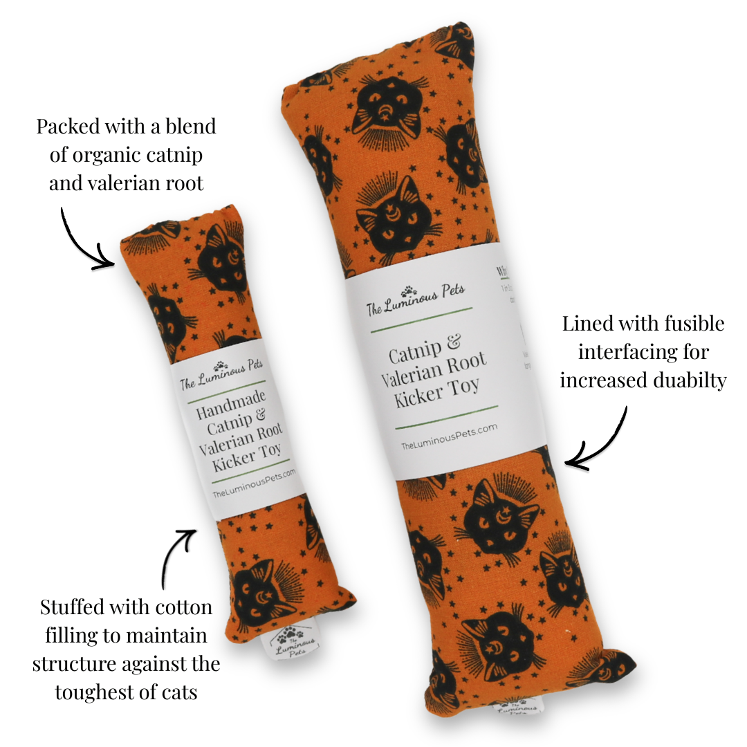 Halloween black cats on orange cat toy with catnip and valerian root by The Luminous Pets